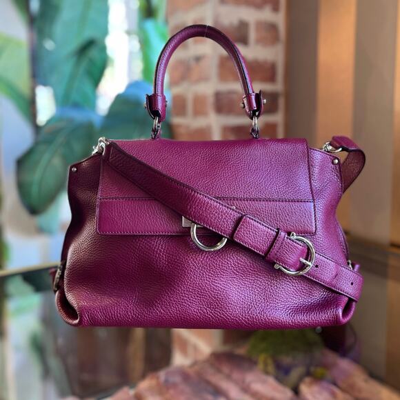 SALVATORE FERRAGAMO Sofia Large Fuschia Pebbled Calfskin Leather Shoulder Bag - Picture 1 of 10